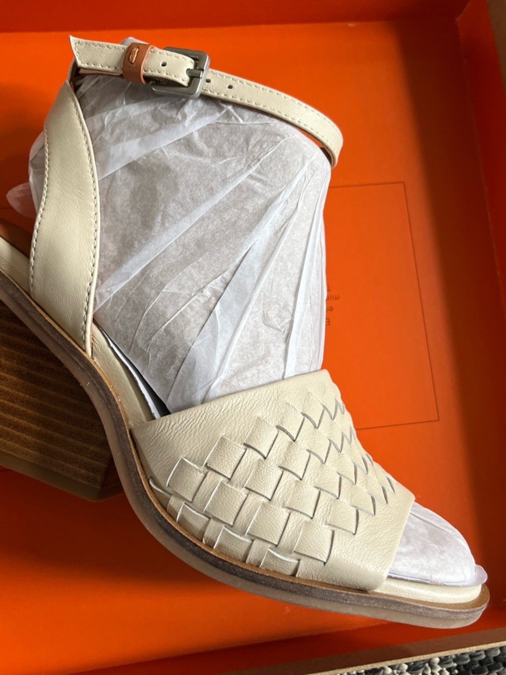 Kenneth Cole Cream Woven Leather Ankle-Strap Block Heel Sandal